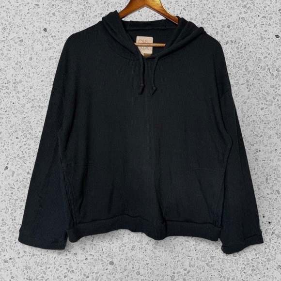 Chaser Tops - Chaser Rib Knit Boxy Hoodie with Pockets Black size Large